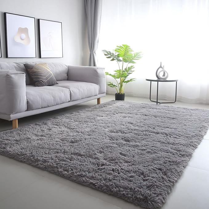 CAIYUECS Grey Area Rug for Living Room: Indoor Ultra Soft Shag Plush Rugs for Bedroom - Non-Skid Modern Nursery Faux Fur Rugs for Kids Room Home Decor (6x9 Feet, Grey)