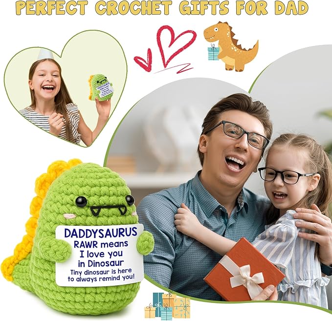 OCCdesign Mini Dad Gifts for Christmas Funny Gifts for Dad from Daughter Son RAWR I Love You Daddy Cute Handmade Crochet Small Dinosaur for Daddy New Bonus Step Dads Father in Law