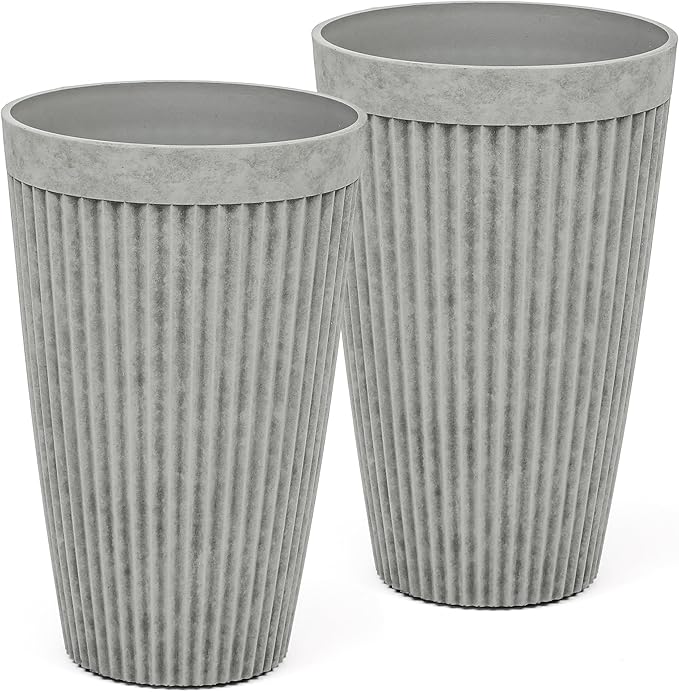20" Resin Tall Planters for Outdoor Plants, Set of 2 Vintage Gray Large Flower Pots with Handmade Fluted Texture, Heavy-Duty and Weather-Resistant for Year Round Indoor Outdoor use