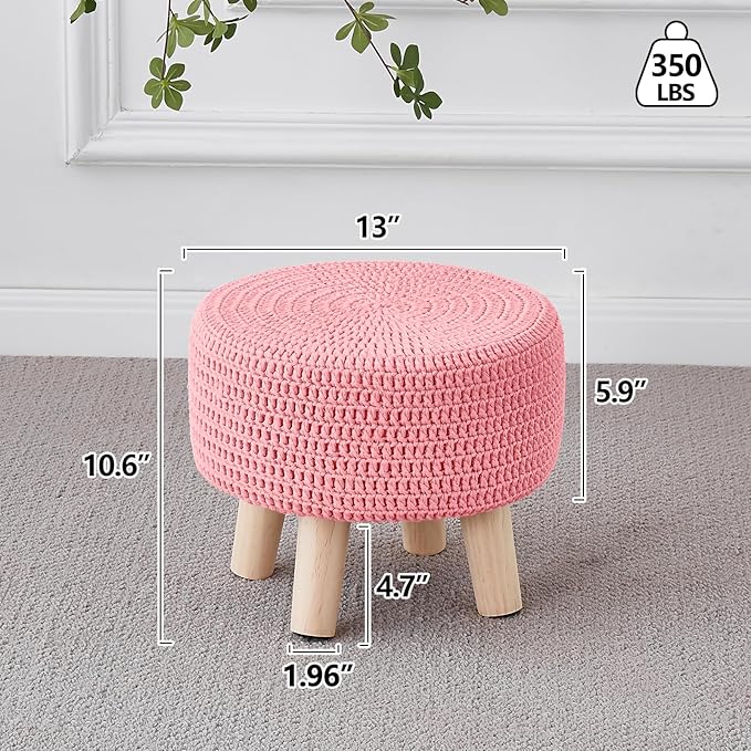 Wimarsbon Pouf Ottoman, 100% Cotton Knitted Boho Footstool, Round Footrest with Non-Skid Wood Legs, Home Décor Handmade Pouffe, Leisure Floor Step Stool for Living Room (Pink)