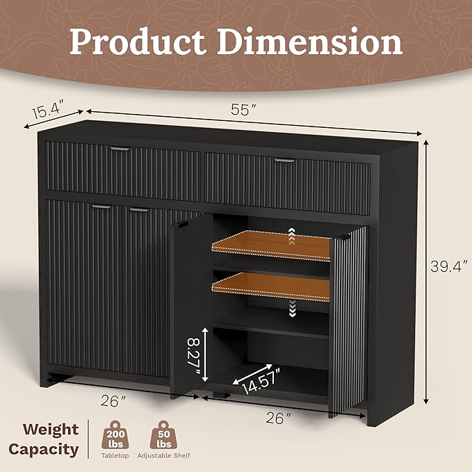 Fluted Sideboard Buffet Cabinet with Storage Drawers, 55" Large Accent Storage Cabinet with Doors and Adjustable Shelf, Modern Farmhouse Credenza for Entryway, Kitchen, Living Room - Black