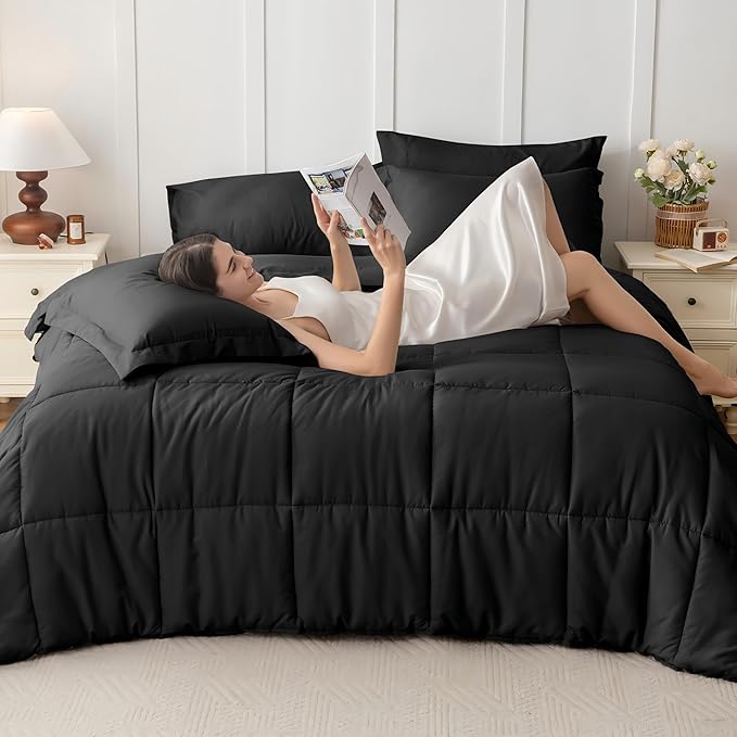 JOLLYVOGUE Twin Comforter Set, Ultra-Soft Bed in a Bag Twin Size 5 Pieces, Oeko-TEX Certified Bedding Set with Down Alternative Comforter, Sheets, Pillowcases & Shams, Black