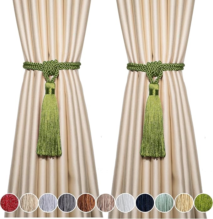 Fenghuangwu Curtain Tiebacks Tassel Tie-Backs, Rope Curtain tie Backs Handmade Curtain Holdbacks Made from Polyester (Green, 2p)