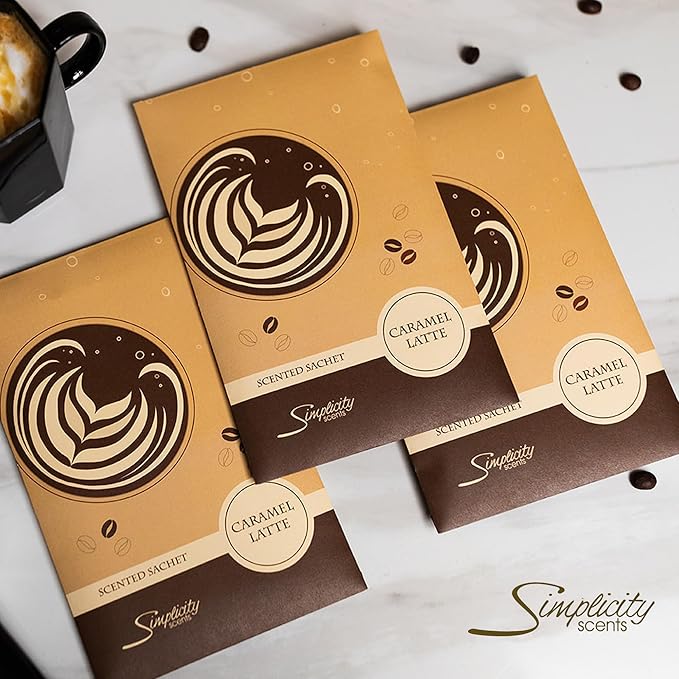 Floral Simplicity Caramel Latte Scented Sachets Pack of 6, Fall & Winter - Long-Lasting Scented Bags, Home Fragrance, Air Freshener & Deodorizer for Closet, Room, Drawer, or Cars, Made in The USA