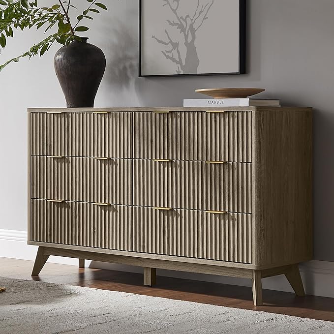 T4TREAM Fluted 6 Drawers Dresser, 54" Wide Modern Chest of Drawers, Curved Profile Design, Dresser TV Stand, Wood Drawer Organizer for Bedroom, Living Room, Hallway, Grey Alder