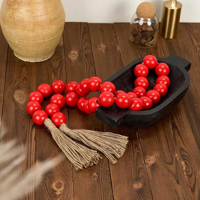 OMISHE 60" Long Large Wood Bead Garland with 1.6" Diameter Wooden Beads and Tassels, Rustic Farmhouse Country Wood Beads Garland for Home Tiered Tray Decor, Decorative Beads with Tassels Red