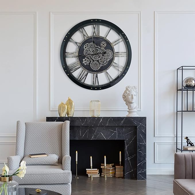30 Inch Industrial Steampunk Wall Clock, Oversized Solid Wood Frame, Battery Operated, Large Wall Clock with Real Rotating Gears, Black