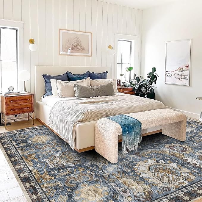 RUGSURE Washable Area Rugs - Perfect for Living Room, Bedroom, Kids Room, Nursery - Stain & Water Resistant Non-Slip, Pet & Child Friendly, Vintage Tribal Area Rugs (Navy, 6' x 9')