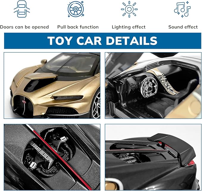 Car Toys for Boys 1 32 Diecast Cars Collectibles Car Model Kit,Metal Toy Car for Boys and Girls,Pull Back Cars with Lights and Sounds,Cars for Kids Ages 3-5（Gold）