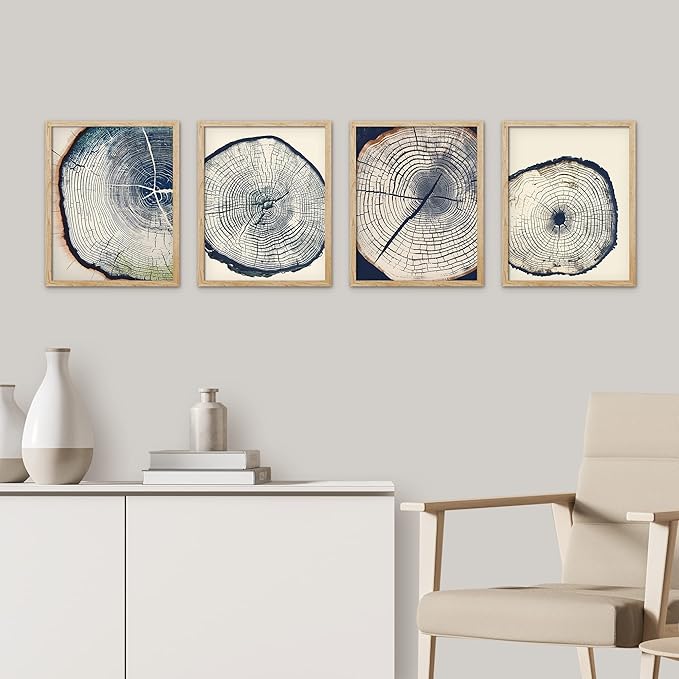SIGNWIN Framed Blue & White Overexposed Wood Tree Ring Wall Art, Set of 4 Nature Wildernes Wall Decor Prints, Minimalism Wall Décor for Living Room, Bedroom - 11"x14" Natural
