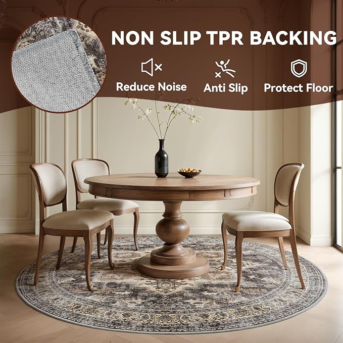 6 ft Round Rugs for Living Room Bedroom Rug Circle Area Rug for Dining Room Table Throw Vintage Circular Rugs Washable Soft Comfortable Brown