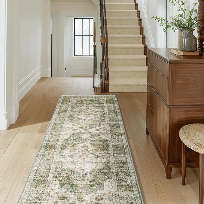 AMOAMI-2X6 Runner Rug-Washable Runners for Hallways-Soft Non Slip Bedside Rugs for Bedroom-Vintage Long Rug for Hallways Entryway Laundry Room Stair Kitchen Bathroom Olive Green