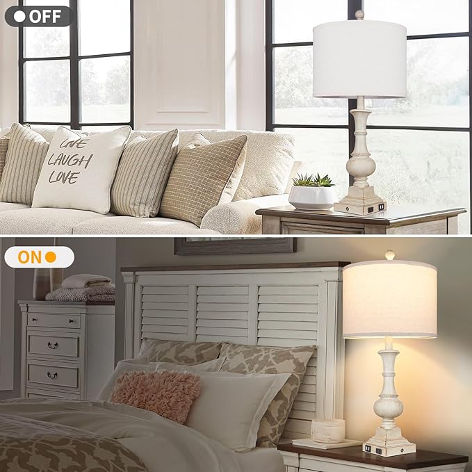 26" Farmhouse Table Lamps, Table Lamps for Living Room Set of 2 with USB A+C Ports & AC Outlet, Vintage Rustic Touch Control 3-Way Dimmable Boho Nightstand Lamp White Washed Resin for Bedroom Deocr