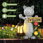 Json Garden Statue Solar Cat Figurine with Lantern, Solar Garden Decorations Statues for Patio, Balcony, Yard Ornament, Unique House Warming Gifts Figurine Lights, Gifts for Women, Mom
