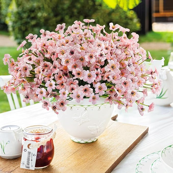 Uieke Artificial Fake Flowers, 16 Bundles Outdoor Plastic Flowers Cemetery Flowers UV Resistant No Fade Floral Arrangements Outside Hanging Planter Home Garden Porch Window Box Décor (Pink)