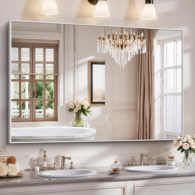 YIROMAN Bathroom Mirror 60"x40", Large Brushed Silver Bathroom Mirror for Over Sink with Aluminum Frame, Rectangular Vanity Mirror with Right Angle, Wall Mirror Hangs Horizontal or Vertical