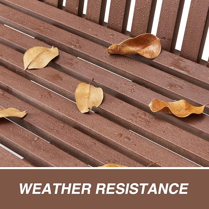 Psilvam Garden Bench, 2-Person Poly Lumber Patio Bench, All-Weather Outdoor Bench That Never Rot and Fade, Suit for Garden, Porch and Park(Brown)