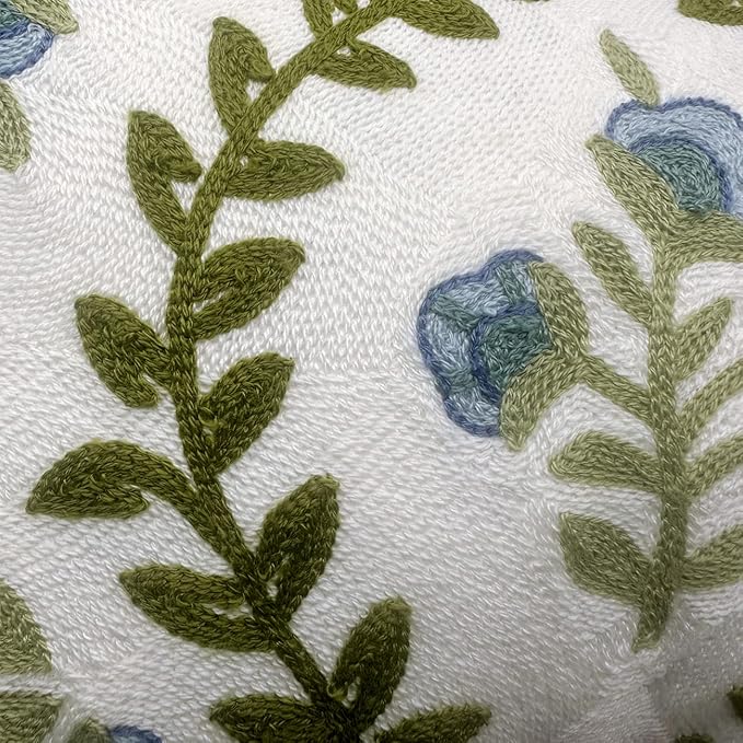 Alysheer Summer Floral Embroidered Decorative Throw Pillow Cover 12"x 20", Farmhouse Blue Flowers Green Leaves Patterned Cotton Canvas Lumbar Cushion Case for Sofa Couch Living Room Cottage Decor