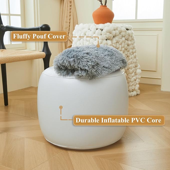 XeGe Fluffy Faux Fur Inflatable Pouf Ottoman, Soft Portable Shaggy Fuzzy Foot Stool, Gray Plush Furry Foot Rest Floor Pouf, Round Ottoman Cushion Living Room Bedroom Patio Dorm Desk, Light Grey