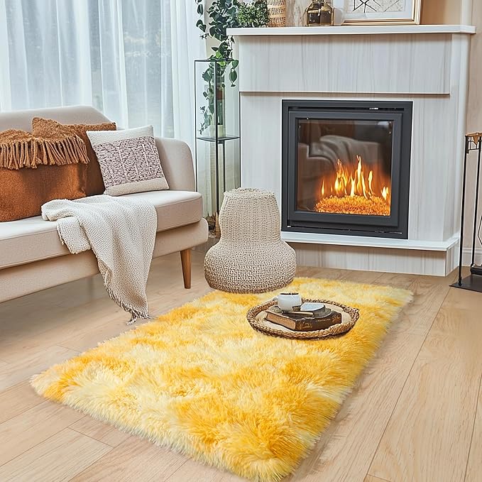 Small Rugs for Bedroom, 2x4 Fluffy Rug, Non-Slip Shag Soft Area Rug, Fuzzy Carpet for Kids Girls Boys, Modern Home Decor Aesthetic, Tie-Dyed Yellow