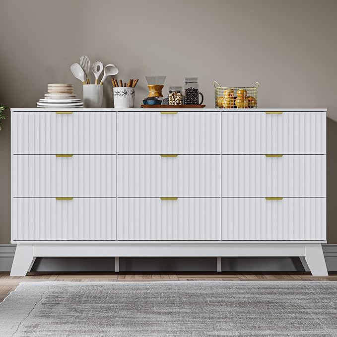 Fluted 9 Drawer Dresser, 57.1" Wide Modern Boho Chest of Drawers, Wooden Storage Dresser TV Stand for Bedroom, Living Room, Closet, Hallway, Curved Profile Design
