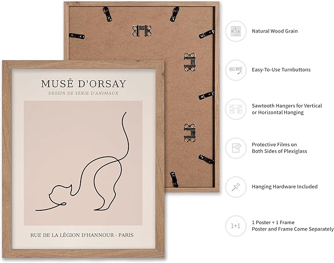 Poster Master Vintage Poster - Retro One Line Cat Drawing Print - Cat Art - Minimal Gift for Men, Women, Animal Lover - Abstract Wall Decor for Home, Office, Bedroom, 8x10 Beige Framed