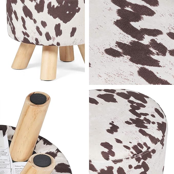 Asense Small Round Ottoman Foot Rest Stool Linen Padded Seat Footstool Ottoman with Anti-Slip Wooden Legs (Cow Brown,Linen)