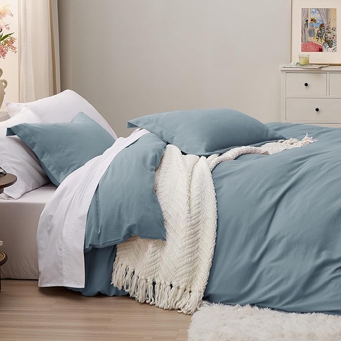 Bedsure Grayish Blue Duvet Covers Queen Size - Washed Duvet Cover, Soft Queen Duvet Cover Set 3 Pieces with Zipper Closure, 1 Duvet Cover 90x90 inches and 2 Pillow Shams