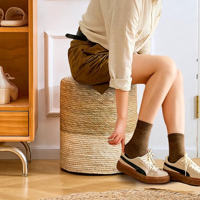 Wimarsbon Ottoman Poufs, 100% Natural Seagrass Pouffe, Hand Weave Round Footstool with Wood Frame, Sitting Braided Footrest, Home Boho Decorative Seat, Accent Chair for Living Room, Bedroom