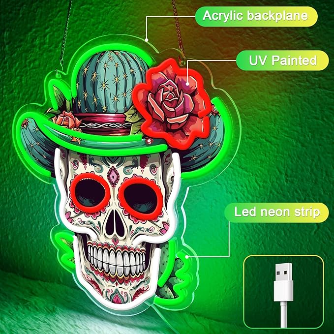 Day of the Dead Neon Sign - Mexican Sugar Skull LED Neon Light for Home & Bar Decor,UV Printed Art with Flexible LED Strip,Halloween & Día de Muertos Party Decoration（green)