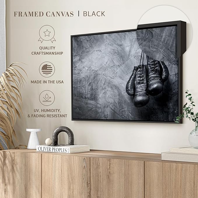 ElephantStock Boxing Gloves Wall Art - Horizontal Framed Canvas - 1-Piece Living Room Wall Decor - Photography Sports Canvas Print - Black and Gray Decor for Wall - 19" X 13"