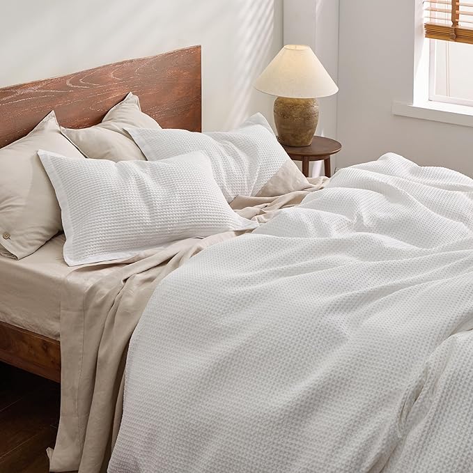Bedsure Cotton Duvet Cover Full - 100% Cotton Waffle Weave Coconut White Duvet Cover Set, GentleSoft™ and Breathable Bedding Set for All Season, 3 Pieces, 80"x90"