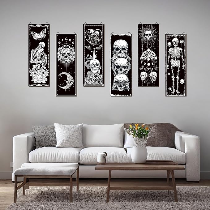 Sintuff 6 Pieces Black Gothic Wall Decor Skull Wall Art Boho Sun Moon Phases Snake Gothic Hanging Wooden Minimalist Skeleton Art Prints Vintage Pediments for Room Living Bedroom Bathroom