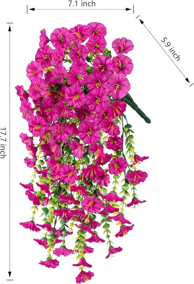 Ivydale 2 PCS Artificial Hanging Flowers Fake Plants Outdoor,Silk Morning Glory Faux Flowers with Eucalyptus Leaves,UV Resistant Realistic Hanging Petunias Plants for Home Garden Decor (Fuchsia)