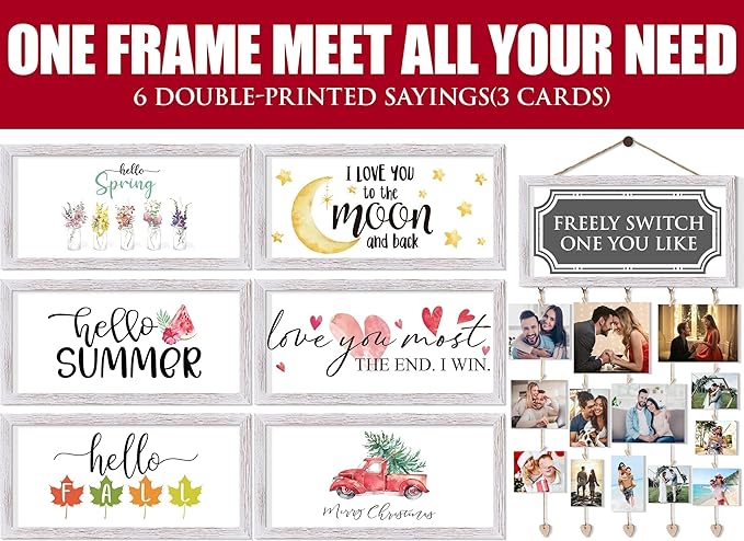 Christmas Card Holder Display Wall Hanging Collage Picture Frames Interchangeable Holiday Decor Clips Photo Holders Merry Christmas Sign Wooden Photo Holder for Gift Card Holder Xmas Party Decor