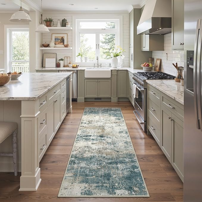 Runner Rug for Hallway Kitchen, 2'6"x6' Machine Washable Runners Rug for Entryway, Soft Modern Abstract Throw Rugs, Low Pile Floor Cover with Non Slip Backing, Navy Beige