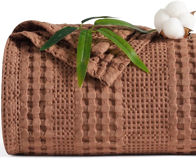 PHF Cooling Waffle Blanket Queen Size,Lightweight 60% Rayon Derived from Bamboo & 40% Cotton Breathable Blanket for Hot Sleepers, Soft and Luxury for Bed Couch and Sofa, 90"x90", Burnt Umber