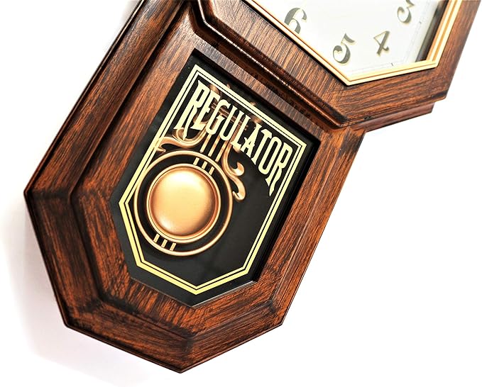 Classic Antique Mini Pendulum Wall Clock, Wood Simulated Vintage Bronze Texture, Non Ticking Silent Sweep Quartz Movement, Width 11.4”, Length 18.5”, Retro Rustic Country Style, Plastic Frame