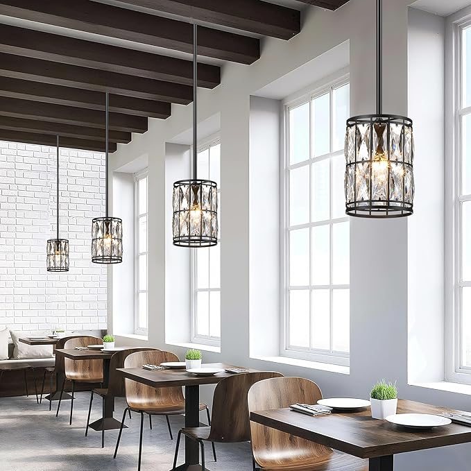 Modern Crystal Pendant Light Fixture 3-Pack Matte Black Finish Hanging Lighting Crystal Chandelier for Living Room, Kitchen, Hallway