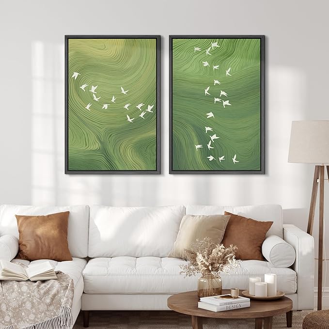 SIGNFORD Framed Canvas Print Wall Art Set Green Swirl Abstract White Birds Illustration Modern Art Decorative Nordic Nature for Living Room, Bedroom, Office - 16"x24"x2 Black