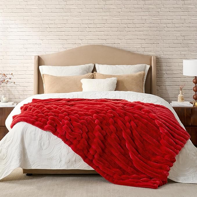 Cozy Bliss Faux Fur Throw Blanket for Couch, Cozy Warm Plush Striped Blanket for Sofa Bedroom Living Room,50 * 60 Inches Cardinal Red