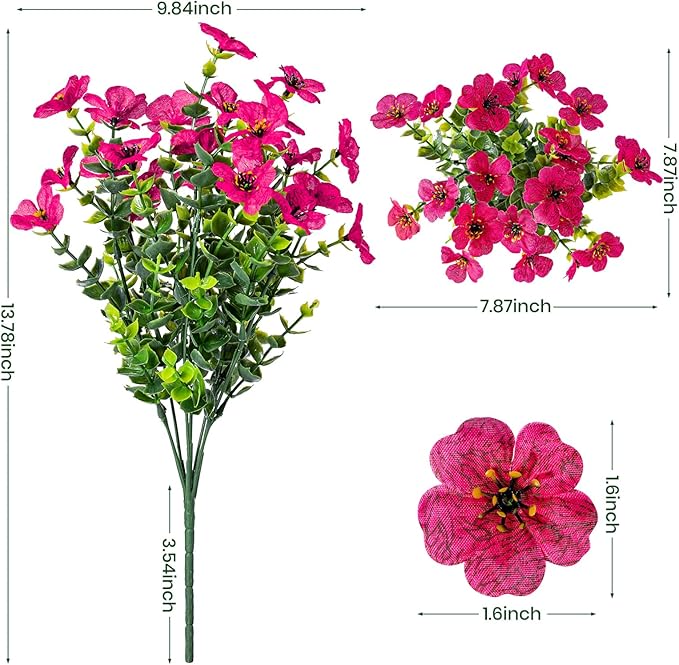 20 Bundles Artificial Flowers for Outdoor Fake Plants for Spring Decoration,Faux Eucalyptus Flowers for Planter UV Resistant Lifelike for Home Porch Garden（Rose Red）