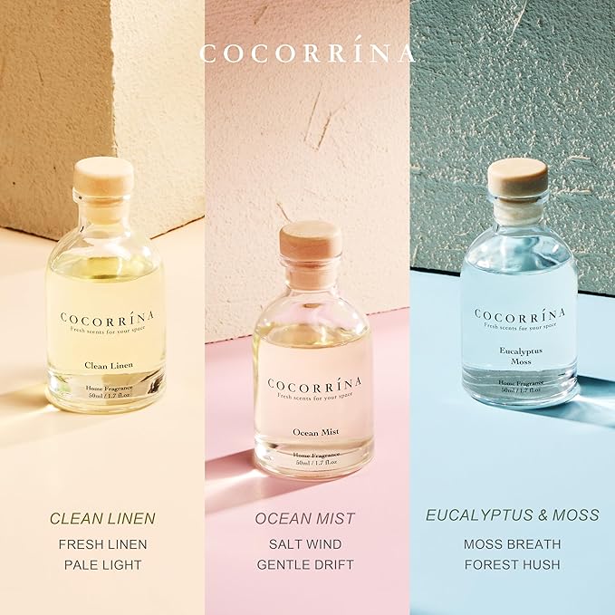 COCORRÍNA Eucalyptus Reed Diffuser Set of 3 - Eucalyptus & Moss, Clean Linen, Ocean Mist Scents, 1.7 fl oz Each, Total 5.1 oz, Scented Oil Diffusers for Home & Office