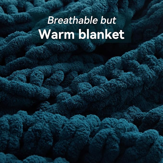 Chunky Knit Throw Blanket, 60''*80'' Knitted Throw Chenille Yarn for Bed Couch, Handmade Peacock Blue Crochet Big Thick Blanket, Machine Washable Cute Comfy Blanket for Home Decor