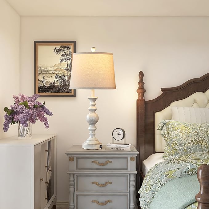 Farmhouse Lamp for Bedroom Set of 2, Rustic Table Lamp with Dual USB Charging Ports, 28" Tall Table Lamps with Linen Shade for Living Room, Bulb Not Included