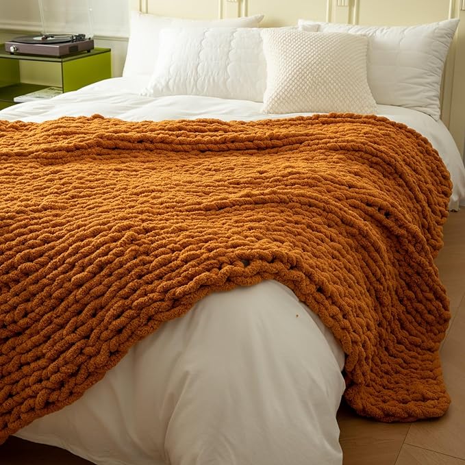 WESHIONGOO Chunky Knit Blanket Throw 50"×60" Knitted Throw Blankets for Couch Bed Fall Throw Blanket Fluffy Soft Blanket with Jumbo Chenille Yarn Thick 100% Handmade (Burnt Orange)