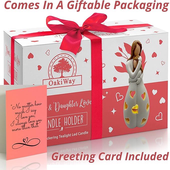 Mother-Daughter Glow in The Dark Candle Holder Statue with Flickering LED Candle | Hand-Painted - Unique Gifts for Mother's Day, Christmas, Birthday | Greeting Card Included