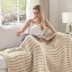 Esterra Chunky Knit Blanket Throw 50"x60", 100% Hand Knitted Chenille Throw Blanket, Cozy Soft Thick Cable Knit Throw Large Rope Knot Crochet Throw Blanket for Sofa Couch Bed, Sandshell/Oatmeal