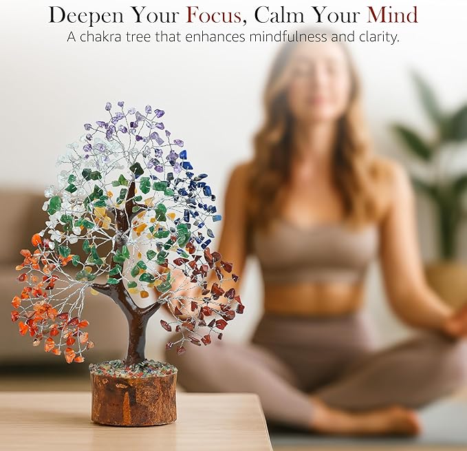 Crocon Seven Chakra Gemstone Tree Feng Shui Figurine Money Bonsai Good Luck Reiki Healing Crystals Balancing Decoration Ornament Sculpture Wealth Prosperity Table Room Decor Gift Size 10-12"