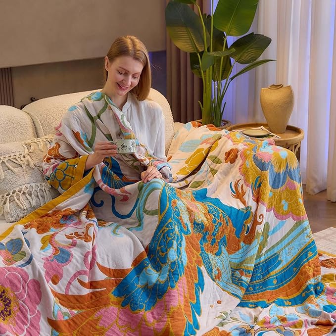 Boho Throw Blanket, Lightweight Blankets for Summer, 100% Cotton Bohemian Decorative Throw Blanket, 90"x98" Reversible Muslin Breathable Woven Farmhouse Blankets Quilt,